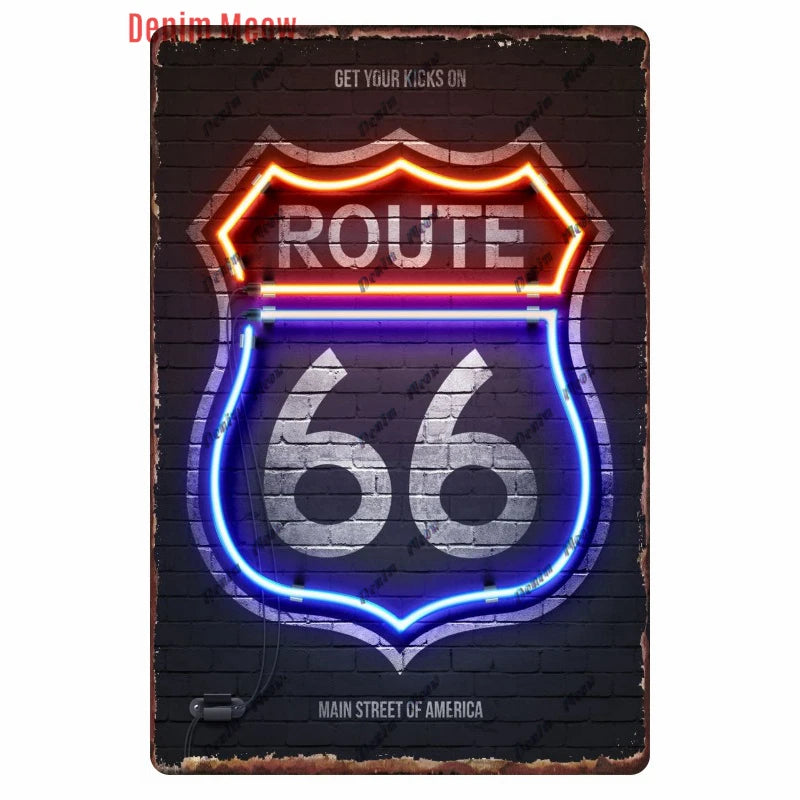 Mother Road Vintage Metal Sign Plate, New Style, Route 66, Old Route 66, Neon Light Effect, Mancave home Decor, WY14