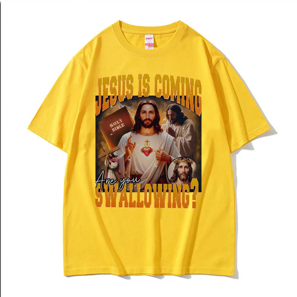 2026 New Funny Jesus Meme 100%cotton men's shirt Vintage O-Neck Short Sleeve Harajuku women's summer fashion oversized Tshirt