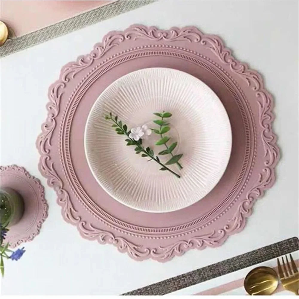 2pcs Lace Round Tableware Pad Silicone Coaster Cup Mat Non-slip Placemat