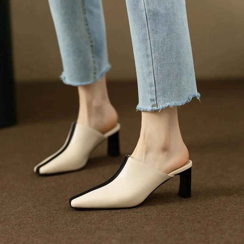 NEW Summer Women Mules Split Leather Shoes for Women Cover Toe High Heel Women Slippers Square Toe Slingback Designer Sandals