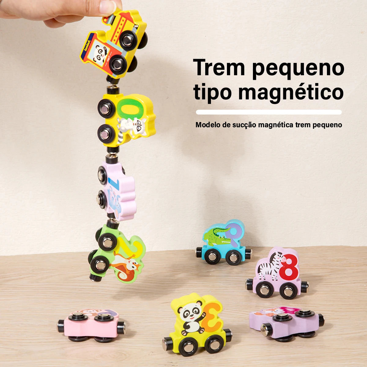 Train Set with 11 Magnetic Wooden Animals for Children, Montessori Toys for Children