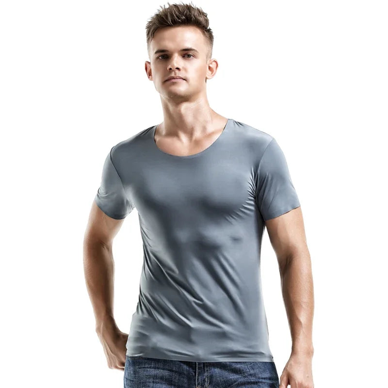 2PC Summer Ice Silk seamless men's short-sleeved white T-shirt with round neck, half-sleeved top, thin base layer, slim underwea