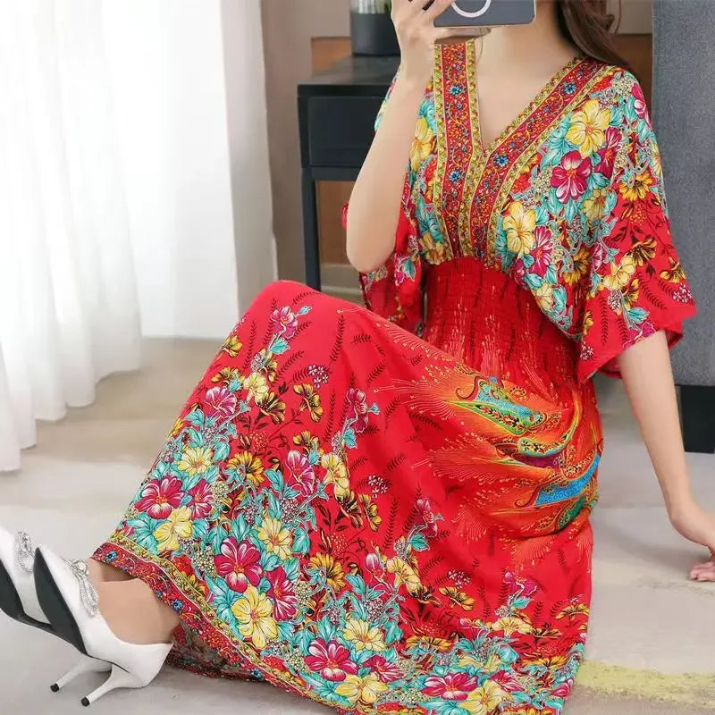Vestidos Para Mujer Rope Robe Dress Women Casual Elegant Retro Bohemian V Neck Boho Korean Printed Summer Long Dresses Clothes