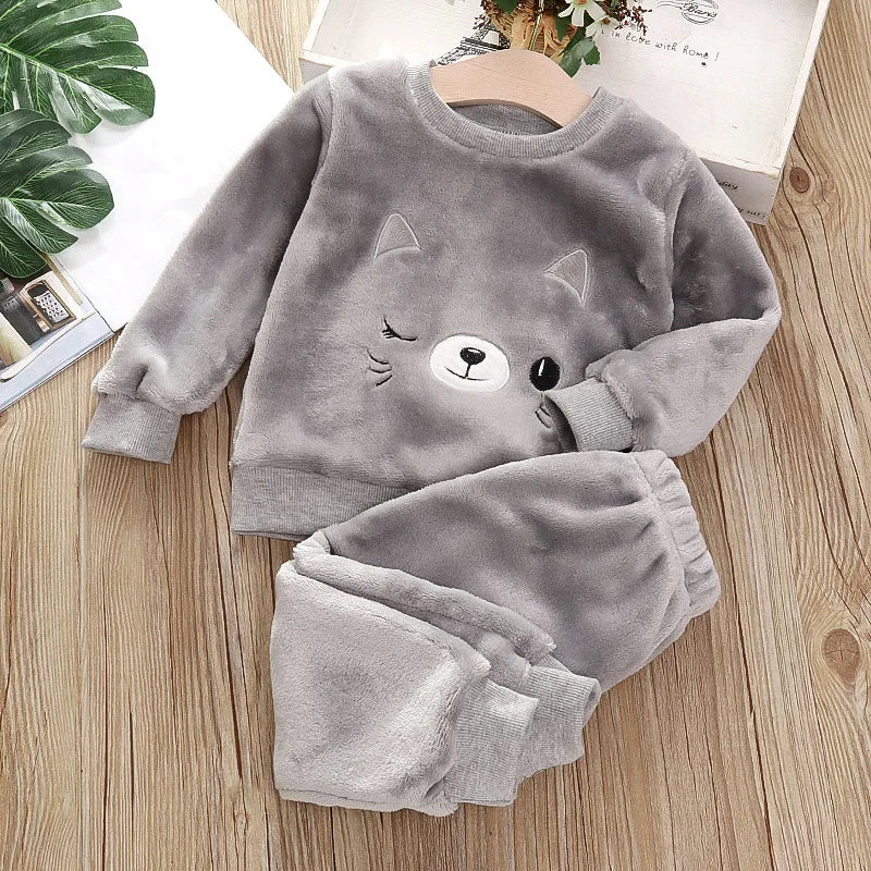 Baby Flannel Home Wear Set Infant Toddler Pajamas Boys Girls Thicken Coral Velvet Cartoon Pattern Top +Pants Two-piece Suit