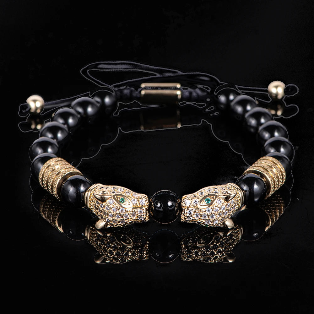 New Trend Double Leopard head Handmade tiger's-eye Bracelets  Accessories Handmade Men's Jewelry Pulseras homme