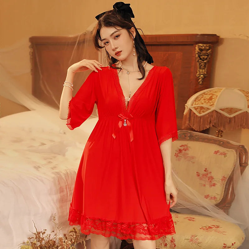Fdfklak M-3XL Women’s Nightgowns Sexy Lace Deep V Neck Sleepshirt Mesh Short Sleeve Summer Nightdress Female Nightwear Dress
