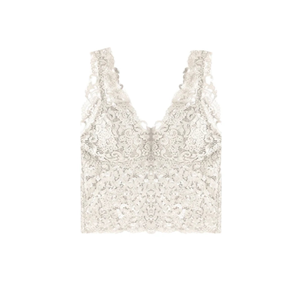Summer Sexy Deep V Lace Vest With Breast PadsEmbroidery Floral Tank Top Wrapped Chest Camisole Padded Crop Tank Top For Women