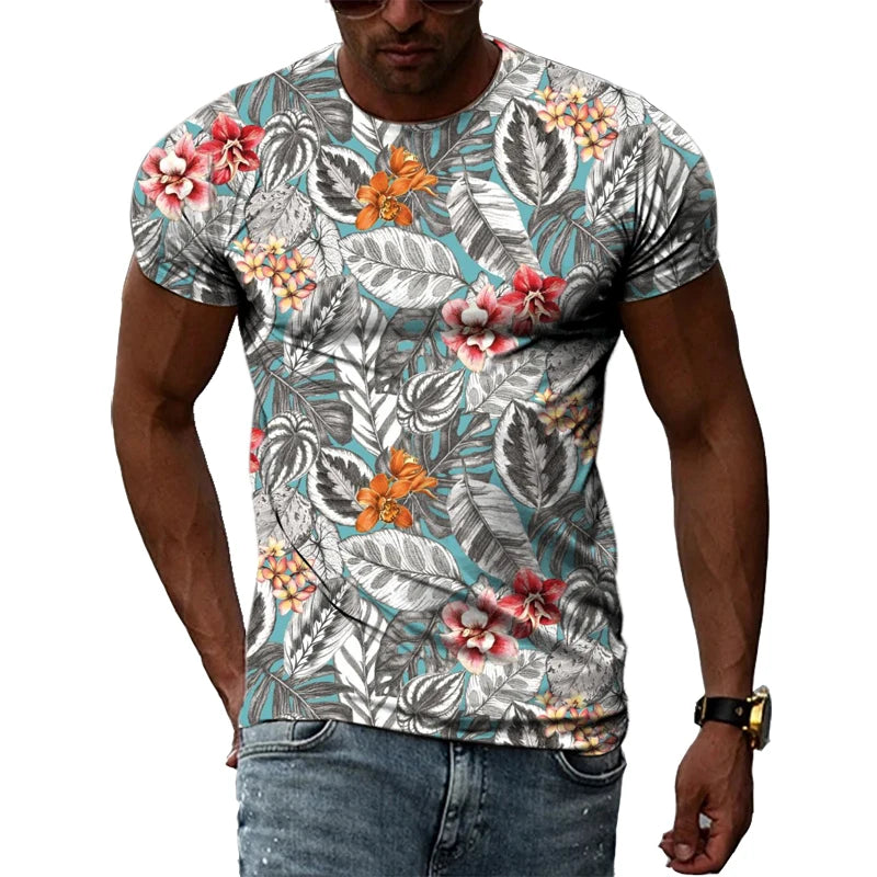 Summer New Men's Floral Pattern 3D T-shirt Street Hip Hop Personality Print Tops Trendy Fashion Round Neck Short Sleeve Clothing