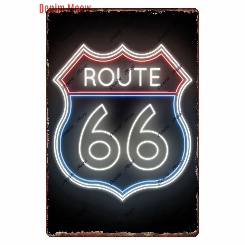 Mother Road Vintage Metal Sign Plate, New Style, Route 66, Old Route 66, Neon Light Effect, Mancave home Decor, WY14