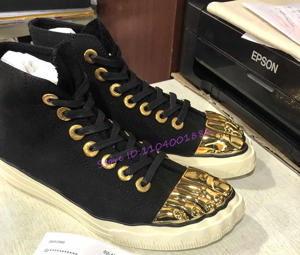 Gold Five Fingers High Top Canvas Shoes Trendy Lace-Up Flat Sneakers Metal Decor Unique Design Couple Casual Shoes Plus Size