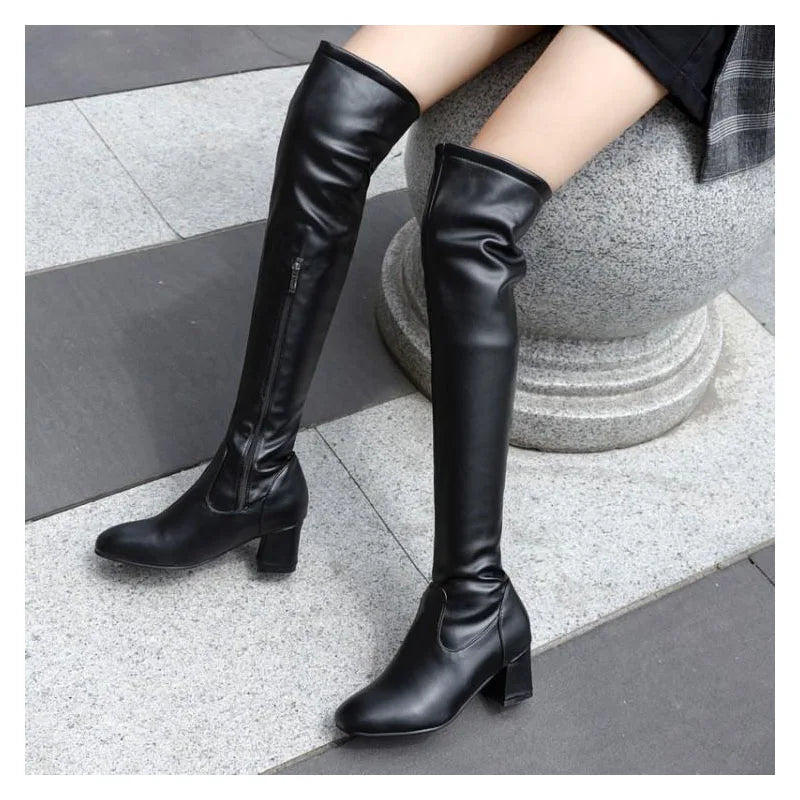 2026 Fashion Knee High Boots Women Winter Boots Square Loe Heel Long Boots Square Toe Zipper Autumn Female Boots Black White