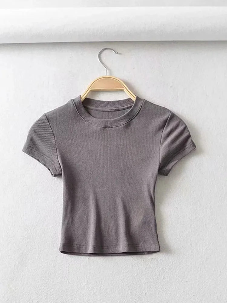 Summer Sexy Women O-neck Short-sleeve T-shirt Solid Color Basic Slim Elastic Skinny Crop Tops
