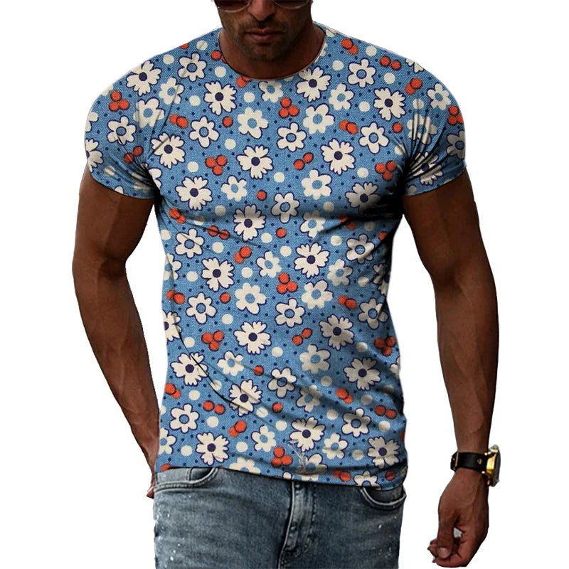 Summer New Men's Floral Pattern 3D T-shirt Street Hip Hop Personality Print Tops Trendy Fashion Round Neck Short Sleeve Clothing