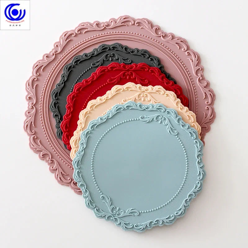 ins retro baroque relief banquet silicone lace placemat thermal insulation anti-scalding plate bowl vase mat
