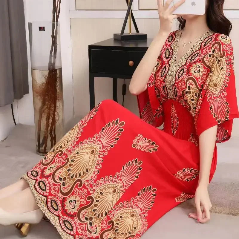 Vestidos Para Mujer Rope Robe Dress Women Casual Elegant Retro Bohemian V Neck Boho Korean Printed Summer Long Dresses Clothes