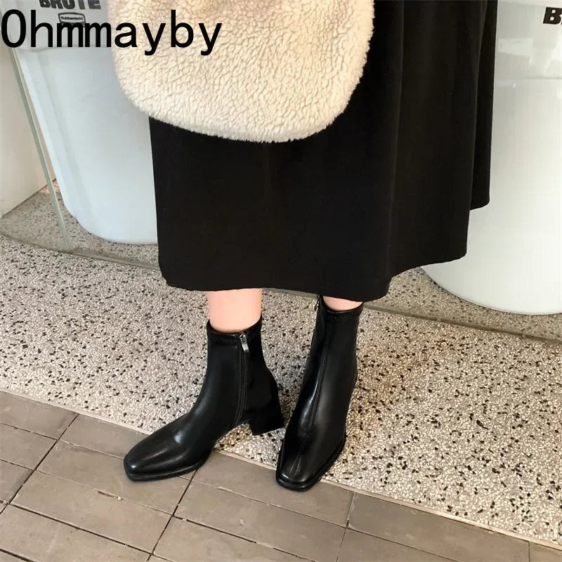 2026 Autumn Winter Design Heel Ankle Boot Fashion Square Toe Zipper Ladies Casual Chelsea Boots Shoes Soft Leather Short Boot