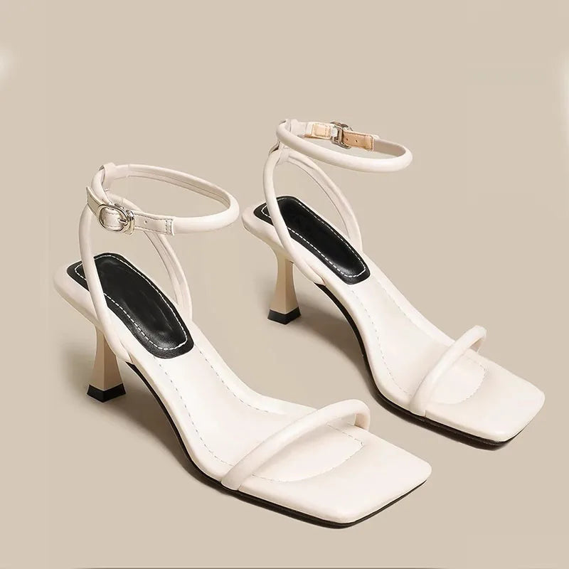 Fashion Black Ankle-Strap Buckle Sandal Summer Square Toe Ladies Stiletto High Heel Shoes Sexy Solid Thin Band Sandalias