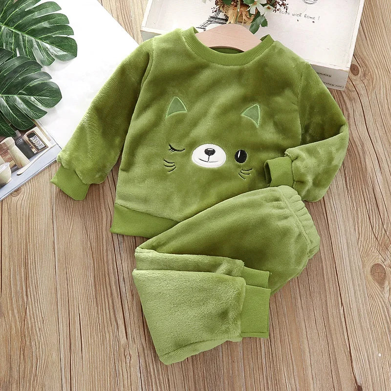 Baby Flannel Home Wear Set Infant Toddler Pajamas Boys Girls Thicken Coral Velvet Cartoon Pattern Top +Pants Two-piece Suit