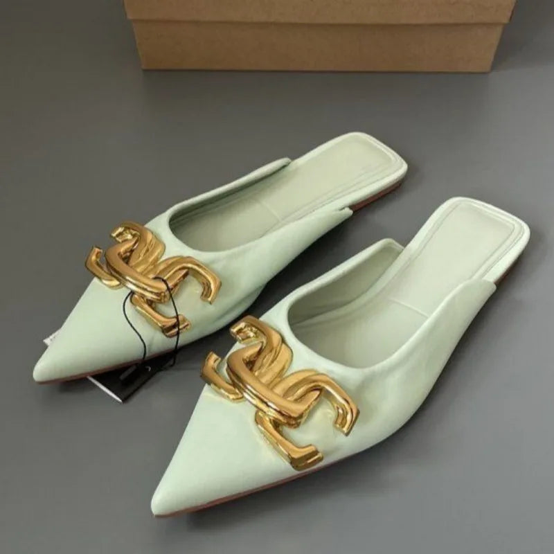 2024 New Summer Women Flat Slippers Fashion Metal Chain Pointed Toe Sandals Casual Shoes Outside Slippers Women Slides Women