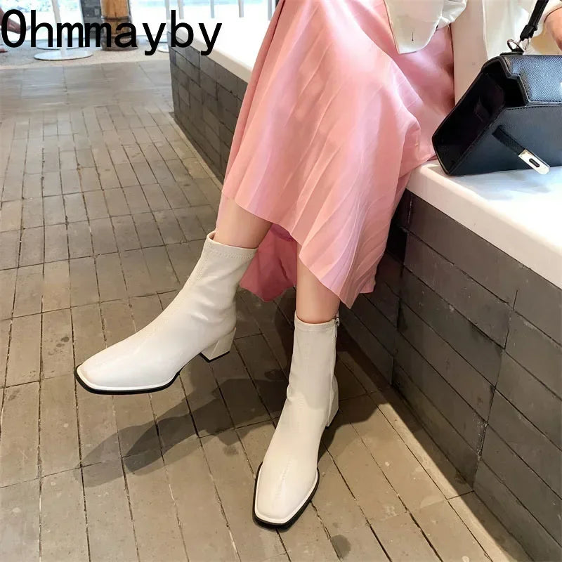 2026 Autumn Winter Design Heel Ankle Boot Fashion Square Toe Zipper Ladies Casual Chelsea Boots Shoes Soft Leather Short Boot