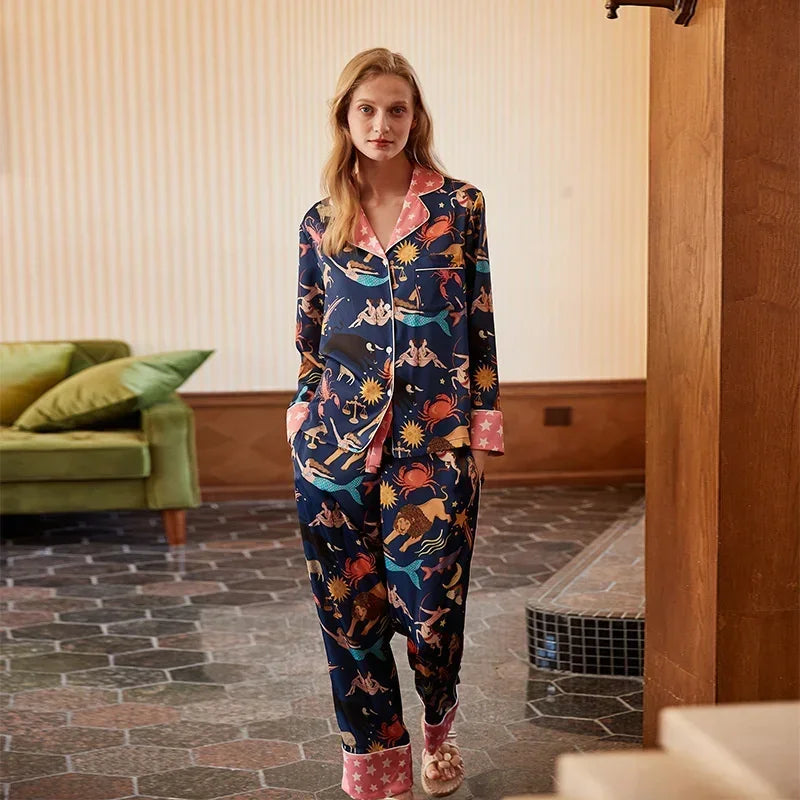 Spring and Summer 2023 New Ice Silk Pajamas Women's Long-sleeved Silk Lapel Home Suit Fashionable Ins Style