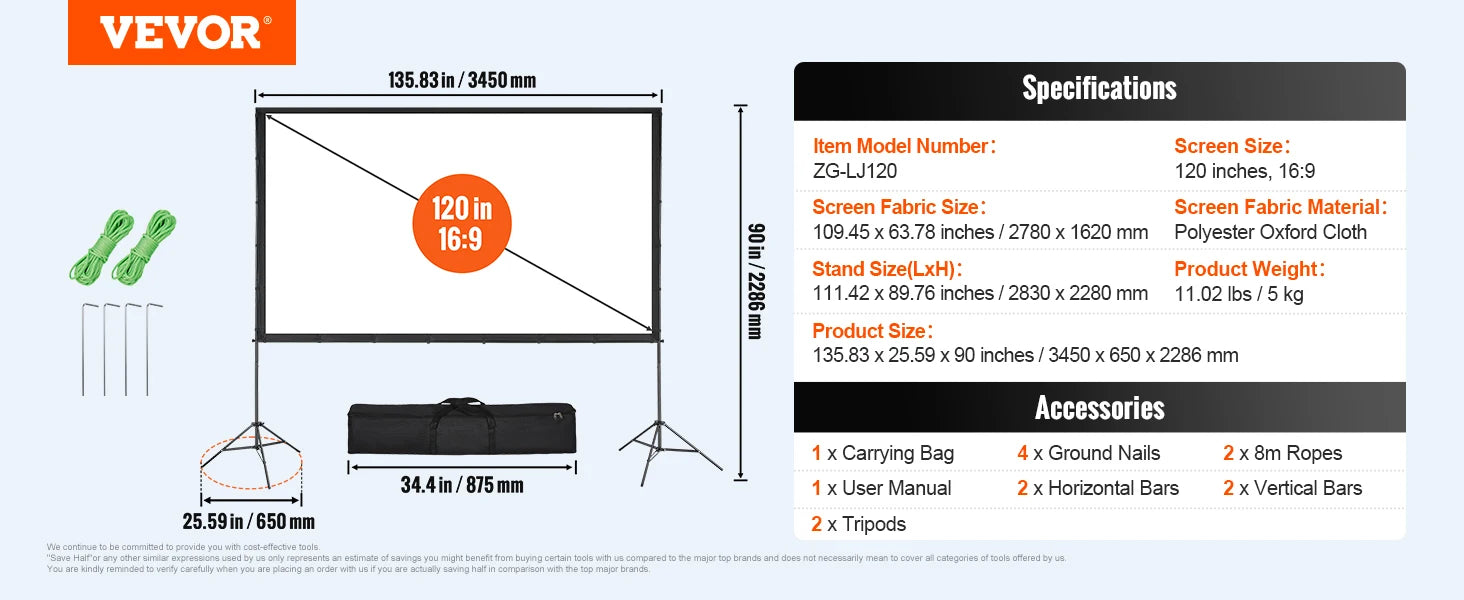 VEVOR Projector Screen with Stand 100 120 150 inch 16:9 4K 1080 HD Portable Projection Screen for Home Office Theater Cinema