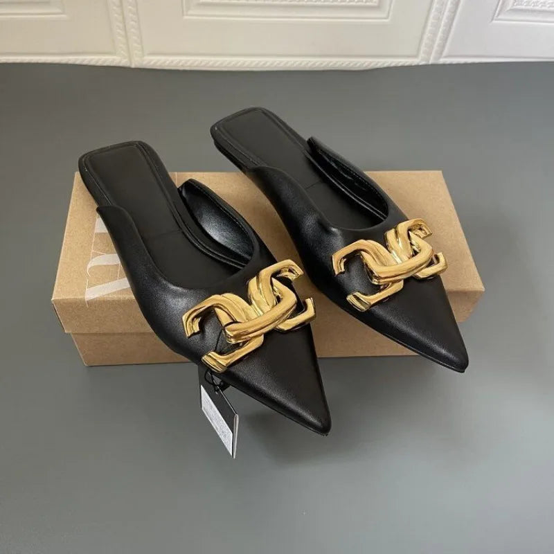 2024 New Summer Women Flat Slippers Fashion Metal Chain Pointed Toe Sandals Casual Shoes Outside Slippers Women Slides Women