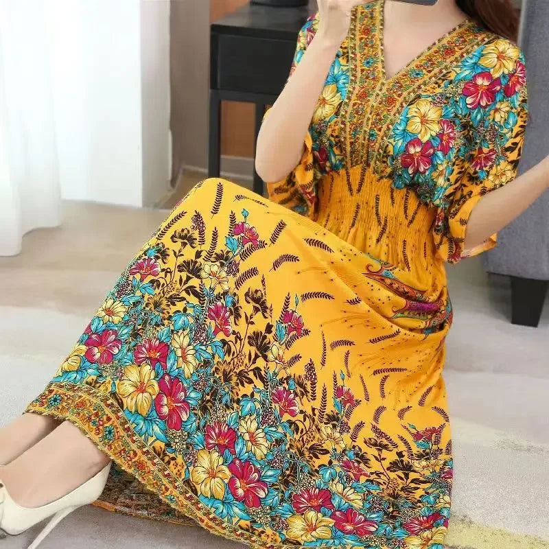 Vestidos Para Mujer Rope Robe Dress Women Casual Elegant Retro Bohemian V Neck Boho Korean Printed Summer Long Dresses Clothes