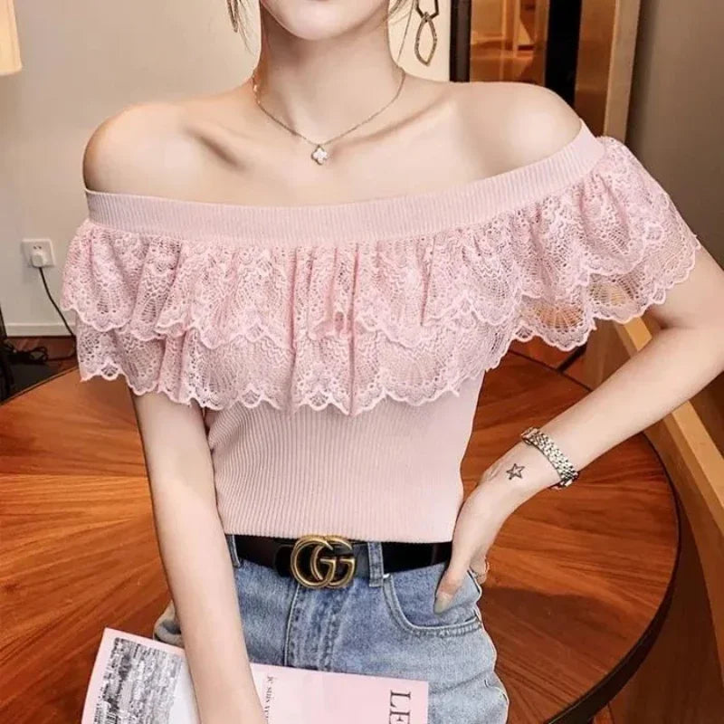 Ruffled Lace Slip-Neck Sexy Knitted T-Shirt Korean Style Elegant Casual Top Sleeveless Solid Color T-shirt Fashion Clothing 2022