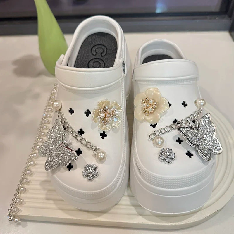 Crystal Butterfly Diy Clogs Sandals Women Summer Chian Chunky Platform Sandles Woman Comfortable Wedge Heels Garden Shoes Female