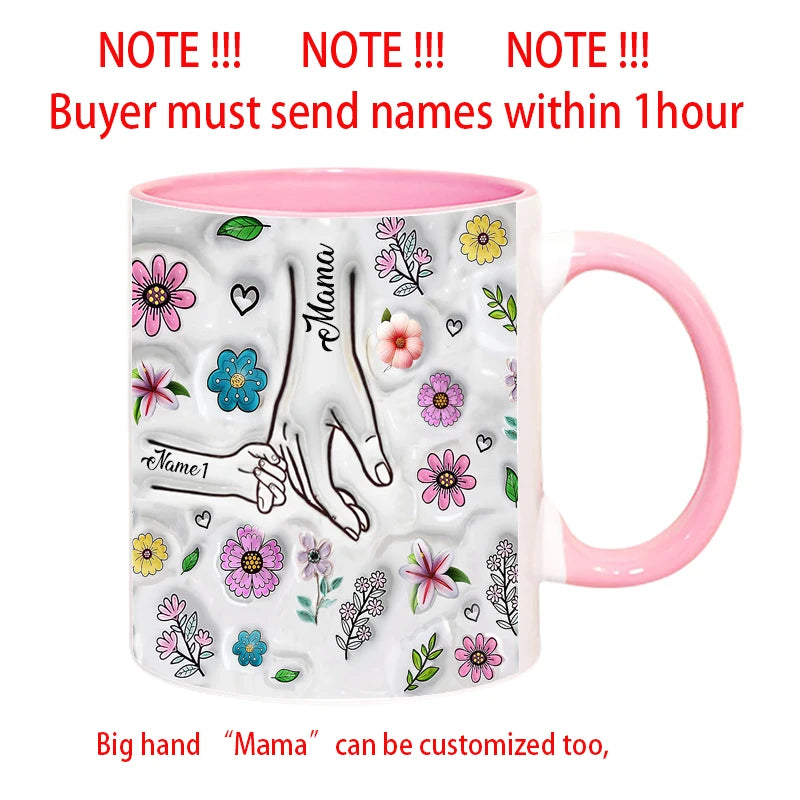 Personalized Kids Names Mug Customize 3D Effect Printing WITH Flowers Cup Holding Hands Coffee Mugs Mother's Day Gifts