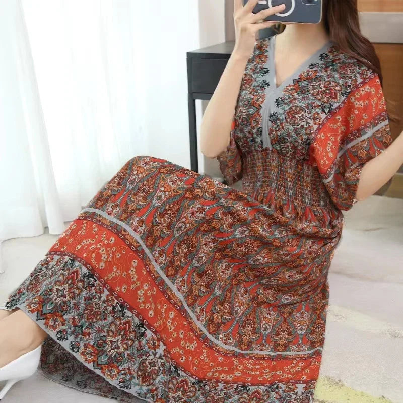 Vestidos Para Mujer Rope Robe Dress Women Casual Elegant Retro Bohemian V Neck Boho Korean Printed Summer Long Dresses Clothes