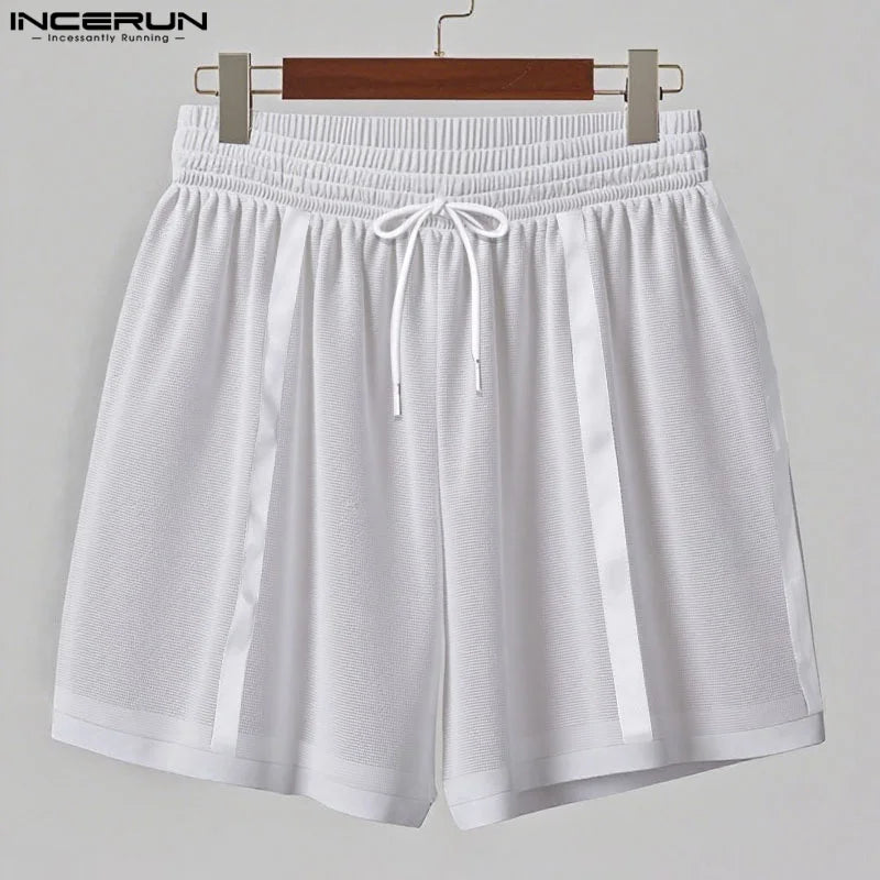 INCERUN Men Shorts Mesh Patchwork Drawstring Loose Transparent Male Shorts Streetwear Summer 2025 Sexy Vacation Men Bottoms