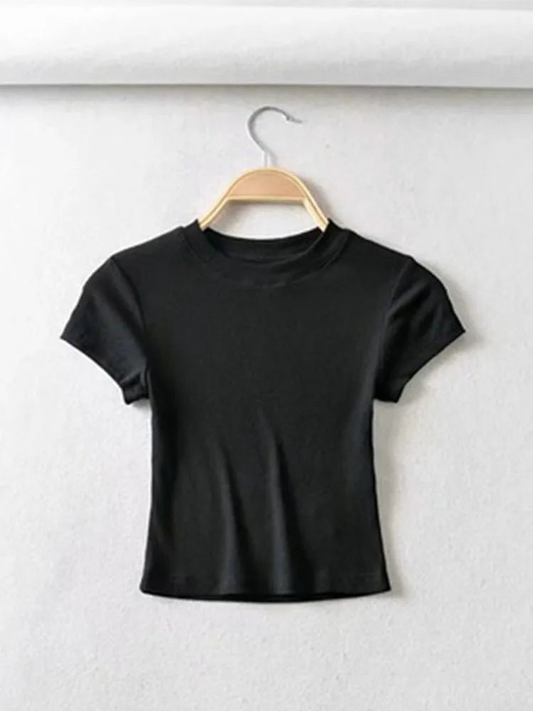 Summer Sexy Women O-neck Short-sleeve T-shirt Solid Color Basic Slim Elastic Skinny Crop Tops