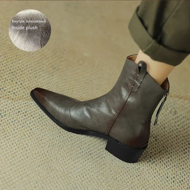 2026 Autumn/winter Women Boots Genuine Leather Western Boots Women Shoes Pointed Toe Chunky Heel Chelsea Boots Retro Ankle Boots