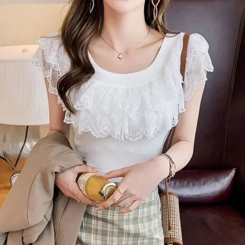 Ruffled Lace Slip-Neck Sexy Knitted T-Shirt Korean Style Elegant Casual Top Sleeveless Solid Color T-shirt Fashion Clothing 2022