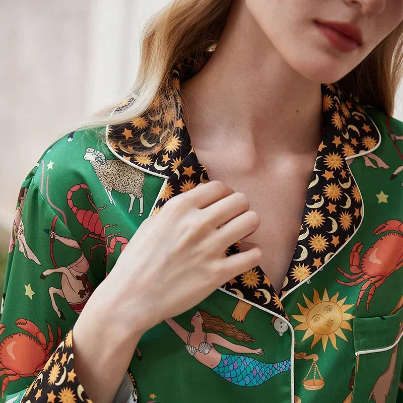 Spring and Summer 2023 New Ice Silk Pajamas Women's Long-sleeved Silk Lapel Home Suit Fashionable Ins Style