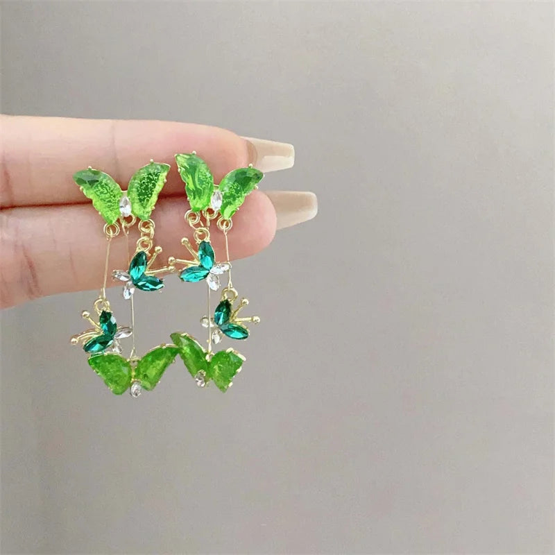 New Trendy Green Zircon Butterfly Earrings for Women Light Luxury Sweet Long Tassel Earrings Aesthetics Wedding Party Jewelry
