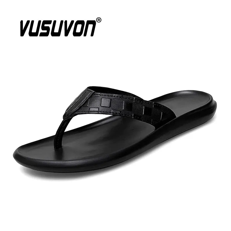 High Quality Brand Men Genuine Cow Leather Flip Flops Summer Beach Fashion Breathable Casual Black Slippers Outdoor Water Shoes