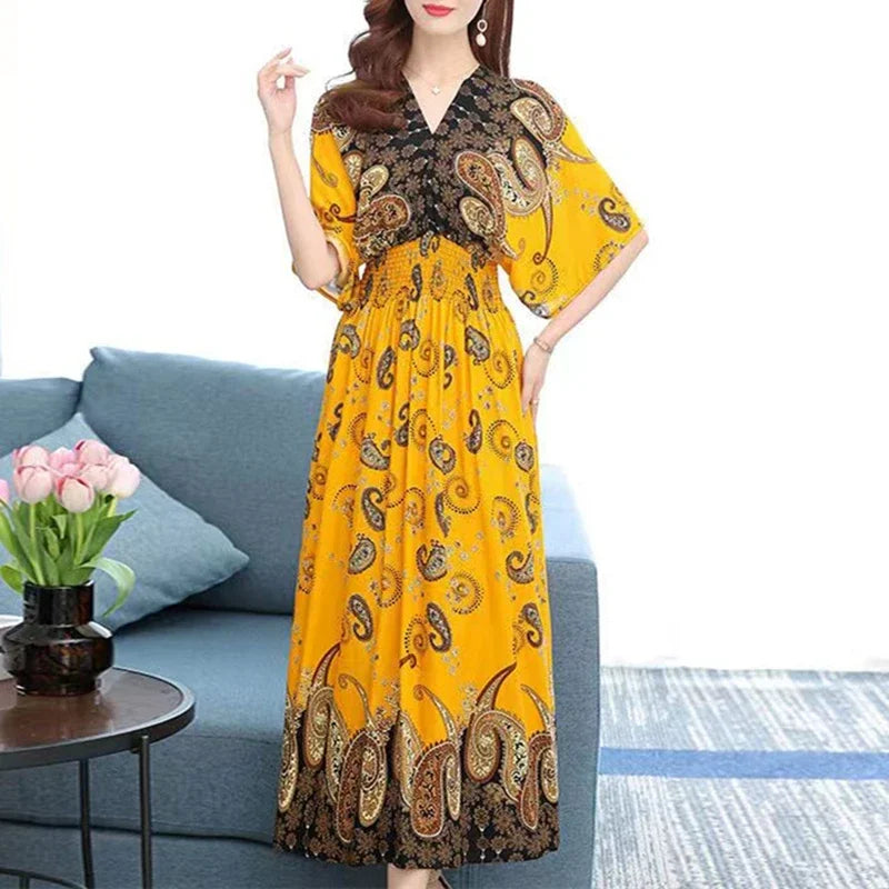 Vestidos Para Mujer Rope Robe Dress Women Casual Elegant Retro Bohemian V Neck Boho Korean Printed Summer Long Dresses Clothes