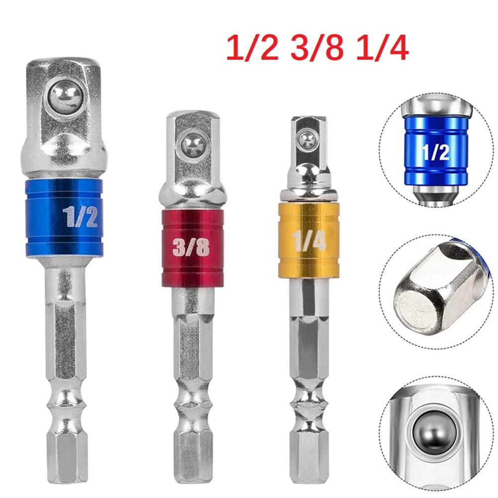 Hex Shank Drill Socket Adapter Set For Impact Driver - Square Socket Drill Bits Bar Extension, 1/4", 3/8", 1/2 Inch