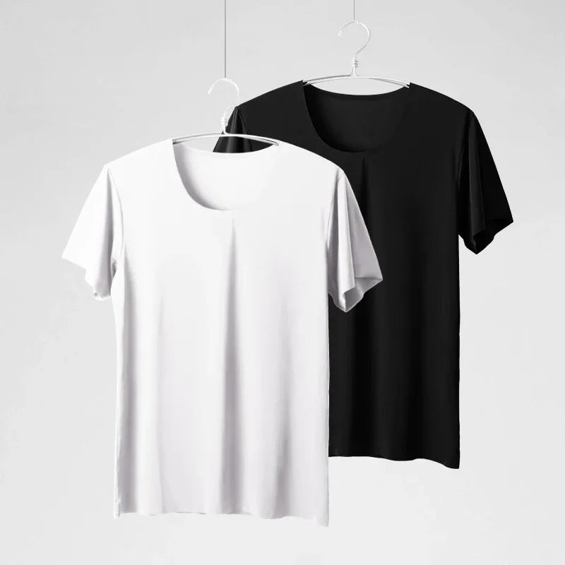 2PC Summer Ice Silk seamless men's short-sleeved white T-shirt with round neck, half-sleeved top, thin base layer, slim underwea