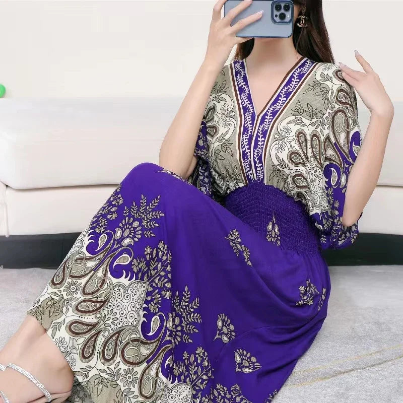 Vestidos Para Mujer Rope Robe Dress Women Casual Elegant Retro Bohemian V Neck Boho Korean Printed Summer Long Dresses Clothes
