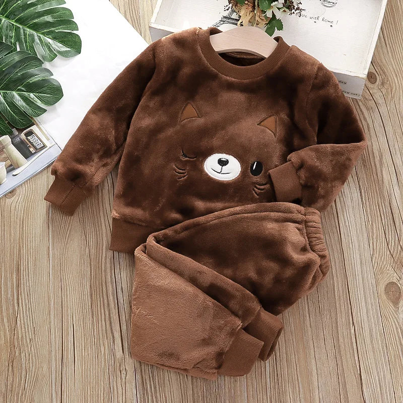 Baby Flannel Home Wear Set Infant Toddler Pajamas Boys Girls Thicken Coral Velvet Cartoon Pattern Top +Pants Two-piece Suit