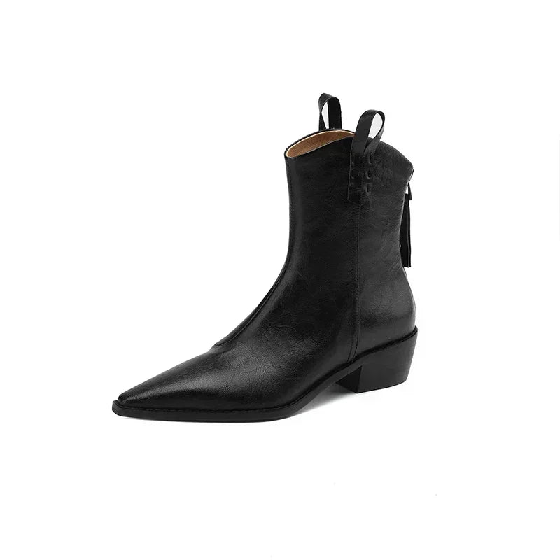 2026 Autumn/winter Women Boots Genuine Leather Western Boots Women Shoes Pointed Toe Chunky Heel Chelsea Boots Retro Ankle Boots