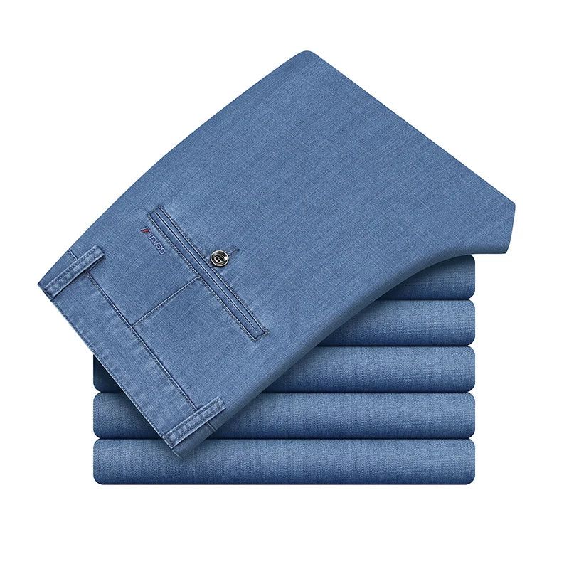 SHAN BAO spring summer brand fit straight thin modal denim jeans business casual men's high waist lightweight stretch pants