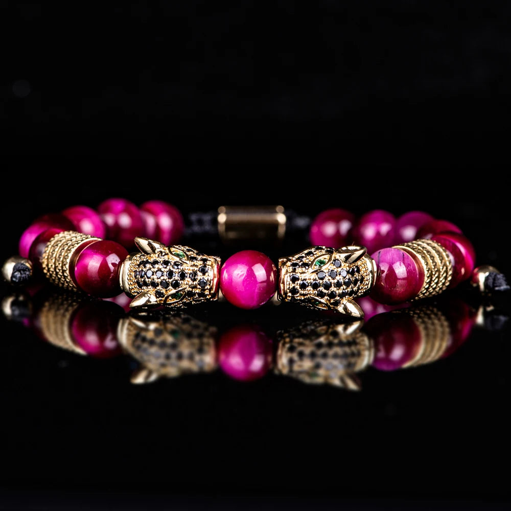 New Trend Double Leopard head Handmade tiger's-eye Bracelets  Accessories Handmade Men's Jewelry Pulseras homme