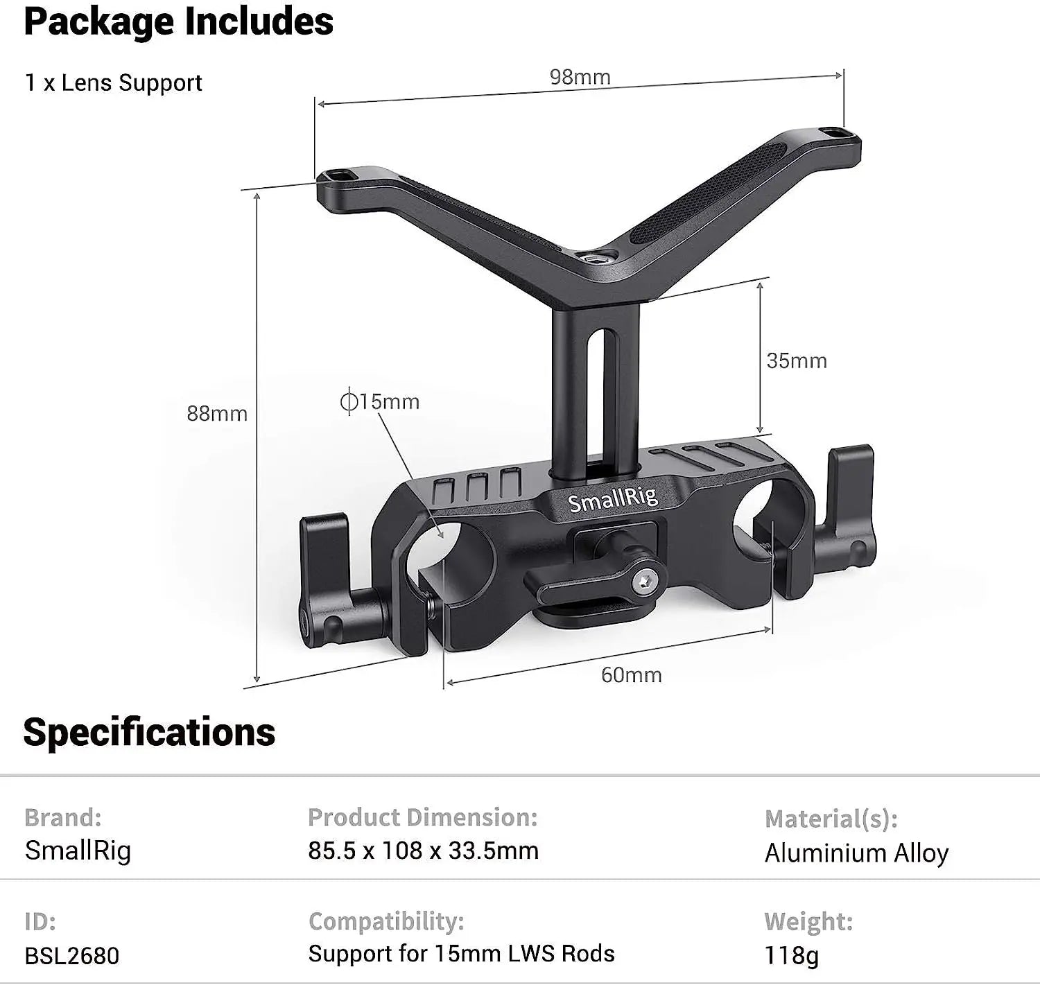 SmallRig Universal 15mm LWS Rod Mount Lens Support For 73-108mm Dslr Camera Lens Bracket Support With 15mm Rod Clamp -2727