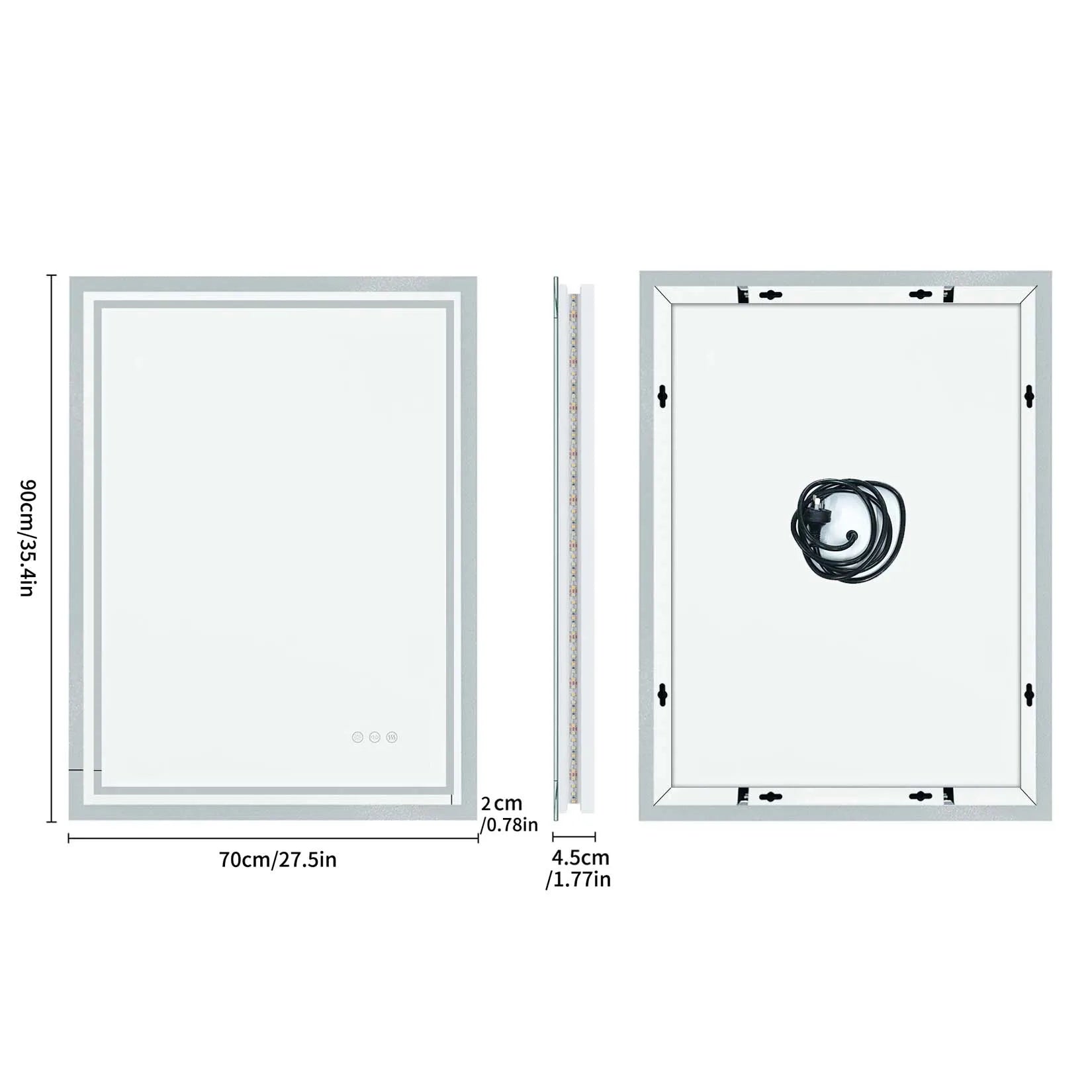 LED Light Bathroom Mirror Illuminated Wall Mounted Vanity Makeup Anti-Fog Rectangle 3 Colors Touch Light