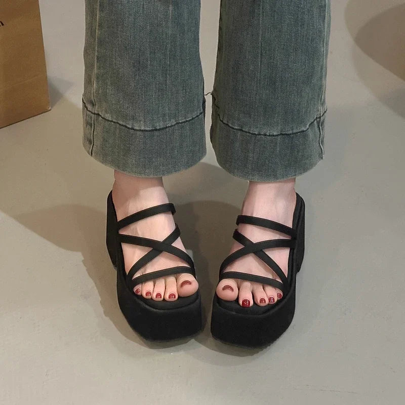 Summer Platform Heel Women Slippers Fashion Open Toe Wedges sandals Narrow Band Slide Ladies Street Style Shoes Leopard Print